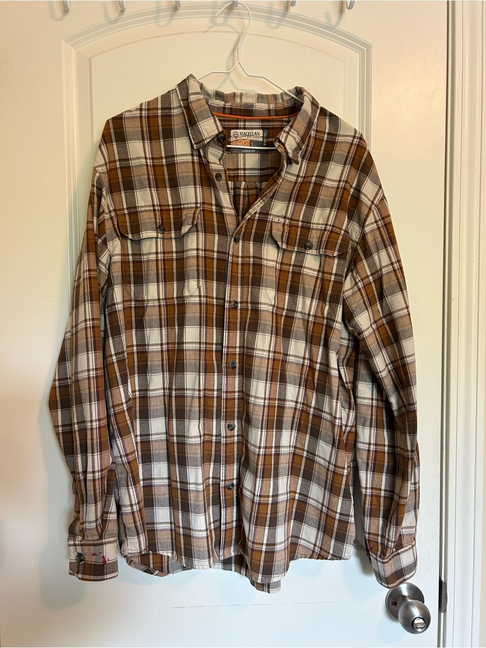 Magellan Outdoors Brown and Cream Plaid flannel long sleeve Shirt loose fit